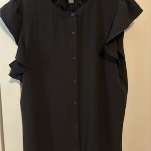 Calvin Klein Black Ruffle Collar Button-Down Blouse